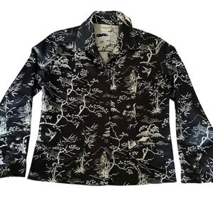 Chico's Toile Jacket Women Size XL/16  Black White Button Up Asian Art to Wear
